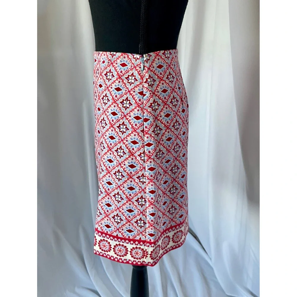 NEW Talbots Canvas Cotton A-Line Skirt Size 6P Red Blue Mediterranean Tile Print
